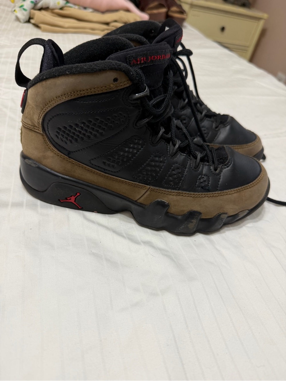 Jordan Kids Olive 9 High-Top Sneakers in Black & Green with Red Jumpman